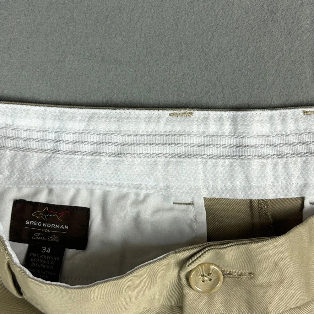 Greg Norman for Tasso Elba Golf Shorts Men 34 Tan  Performance Flat Front Khaki